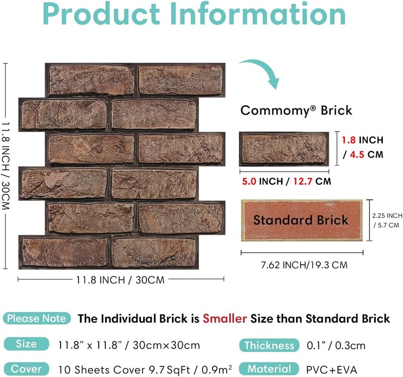 Commomy 3D Faux Brick Wall Panels - 10 pcs 11.8”x 11.8”Small Size PVC Printable Peel and Stick Brick Backsplash Brown Brick Wallpaper Wall Tile for Kitchen,Bedroom,Bathroom,Living Room,Fireplace,RV - Image 5